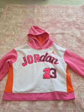 Jordan Pink, White & Orange Hooded Kids Sweatshirt with 23 Graphic